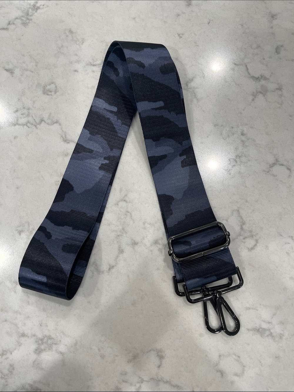Adjustable Navy Camo Bag Strap with Gunmetal Hardware